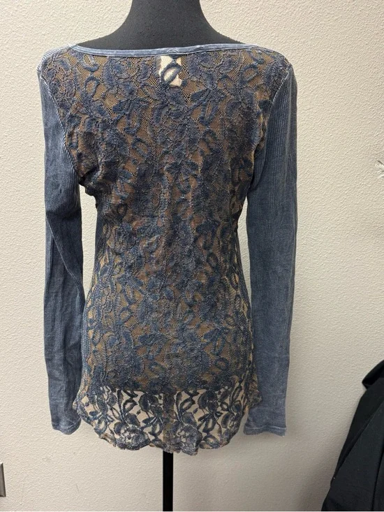 Daytrip Blue Thermal Top Lace Back Rhinestone Long Sleeve Boho Medium - Picture 5 of 9